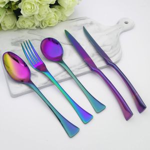 Geschirr-Sets, Edelstahl, Western-Besteck-Set, gebogener Griff, buntes Steakmesser, Abendessen, Gabel, Geschirr, Suppe, Dessert, Schaufel, 5 Stück/Set