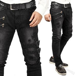 Erkekler kot mandylandy punk vintage erkek sıska denim pantolon düşük bel çoklu fermuar rock roll kalem kemer uzun pantolon 230113