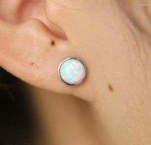 Stud Earrings Wholesale 6mm Opal Round Dots Bezel Setting 925 Sterling Silver White Fire Stone Girl Women Studs Earring