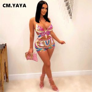 Tvådelad klänning cm.yaya eleganta paljetter Kvinnor Halter Butterfly Crop Top and Shorts Passar Matchande Two 2 -Piece Set Sexy Party Outfits Tracksuit T230113