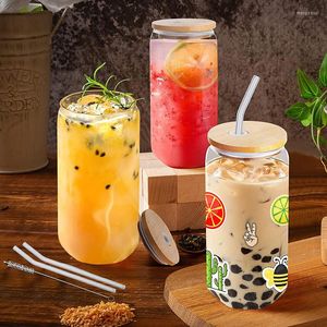 Şarap Gözlükleri 500ml Kabarcık Çay Cam Kupası Boba Milkshake Smoothie Suyu İçme Barı İçme Suyu İçki Mason Kavanozu için Kapaklı Yeniden Kullanılabilir Saman