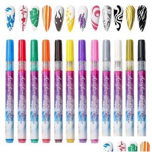 Nagelkonstpaket 3D Pennor St￤ll in 0,7 mm Tips 12 F￤rger Doodle Makeup Supply Pen Kit f￶r blomma m￥lningsm￶nster Drop Delivery Health Beauty DHA4V