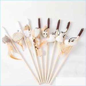 Cat Toys Cartoon Pet Teaser Feather Wood Rod Mouse Toy With Mini Bell Catcher Wood Stick Interactive Drop Delivery Home Garden Supp Dhrhg