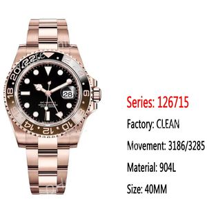 Clean GMT 126715 Root Beer Mens Watch VR3186 Automatisk CF 18K Rose Gold Brown Ceramic Bezel Black Dial 904L Oystersteel Armband Super Edition Eternity Watches
