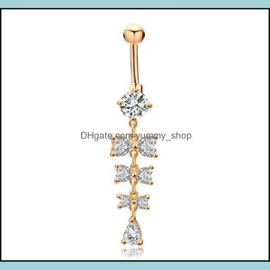 Navelklockknapp ringer Sweet Shiny Crystal Bowknot Piercing Belly For Women Body 18K Yellow Gold Plated Fashion Drop Delivery Jewe Otquc