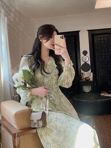 Casual Dresses Floral Print V-ringning Chiffon Women Long Dress Elegant Sleeve Slim Maxi Vestidos Lady Clothes