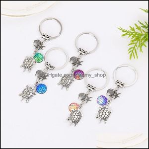 Nyckelringar mode Druy Druzy Keychain Shell Starfish Mermaid Tortoise Fish Scale Charms Bag bil Keyring Jewelry for Women Drop Deliv OT0K7