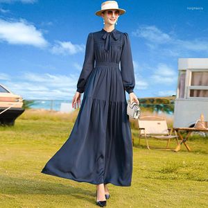 Casual Dresses Chiffon Spring Autumn Long Dress For Office Lady Bow Pleated Navy Girls Party Evening Clothing Slim Fit Sleeve