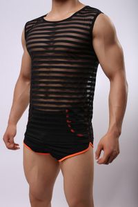 Men's Body Shapers Breathable Gauze Stripe Vest Ultra-thin Foreign Trade Transparent Sleeveless Shirts (not Include Shorts)