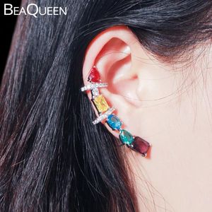 Brincos de garanhão Bequeen geométrico multicolor cz pedras manguito de orelha longa azul verde vermelho cúbico zirconia jóias de moda e339