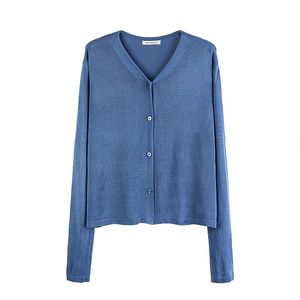 Kvinnorjackor Blue Sweater Cardigan Jacket Womens Spring and Autumn Korean Style Loose V Necked Croped Women x203