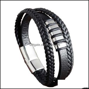 Manguete de aço inoxidável charme magnético Men Black Men Bracelet Leather Genuine trançado punk rock pulseiras de jóias entrega pulseiras dh6gg