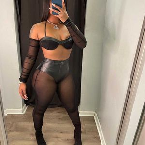 Two Piece Dress Echoine Sexy See Through Sheer Mesh PU Leather Patchwork Crop Top and Legging Hight Waist Pants Set Setreet Bodycon Outfits T230113