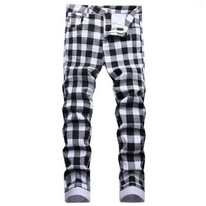 Men's Jeans White Plaid Streetwear Men's Stretch Male Personalized Digital Printing British Style Street Fashion Small Straight