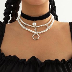 Choker Punk Cross Pendant Chain Necklace For Women Hiphop Multilayer Pearl Shiny Rhinestone Jewelry
