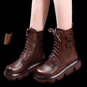 Stiefel Knöchel Damen PU Leder Schnürung Runde Zehen Lady Booties Herbst Winter Plateausohle Schuhe