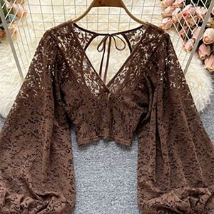 Women s Blouses Shirts Autumn Black White Brown Sexy Lace Blouse Women Elegant V Neck Puff Long Sleeve Open Back Short Tops Female Party Blusas l230112