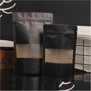 Förpackningspåsar 4 Size Black Kraft Paper Frosted Window Bag Stand Up Snack Cookie Tea Coffee Packaging Xmas Gift Pouch LX Drop Delivery DHE5K
