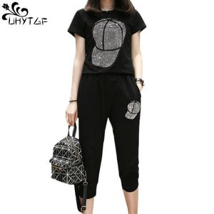 Two Piece Dress UHYTGF Loose size Two Piece Set Women Tracksuit Set Summer Tops For Womens 2022 Casual Thin Sportswear Diamond Hat Top Pants 119 T230113