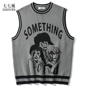 Men s Vests College Knitted Vest Sweaters Men Women Street Hip Hop Casual Band Cartoons Anime Pattern O neck Sleeveless Tops 230112