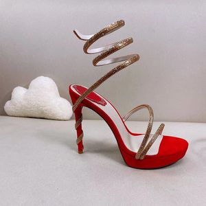 Womens Stiletto Heel Sandals Platform Sandals Fashion Designer الفاخرة 13 سم فستان ساتان ساتان الأفعى على شكل وحدات زفاف الحفلات الراين المملوءة 35-43