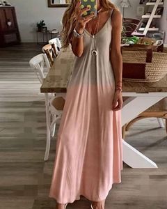 Vestidos casuais 6 cores Mulheres Summer Wear Wear V Neck Colorblock Gradiente Sexy Maxi Long Dress Dress Holiday de praia de grandes dimensões