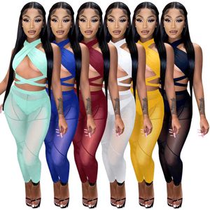 Vestido de duas peças Echoine 3 peças Set Bandage Lace Up Halter Crop Top Sheer Malha Calças Set Party Night Club Outfits Streetwear Ver Através de Pano T230113