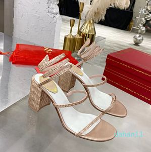 Mit Kristallen verzierte Sandalen mit klobigem Absatz, 75 mm, Strass, Roségold, Abendschuhe, Damen, hochhackige Luxus-Designer, umlaufendes Kleid, Schuhfabrik-Schuhwerk