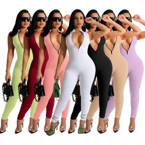 Designer de malha com nervuras macacões verão mulheres sem mangas bodycon macacão sexy sólido zíper macacões casuais uma peça macacões magros roupas por atacado 8410