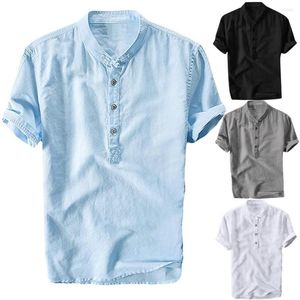 Men's T Shirts Mens Short Sleeve Linen Casual Henley Button Up Band Collar Summer Beach Tops Men Clothing 3XL Dark Blue