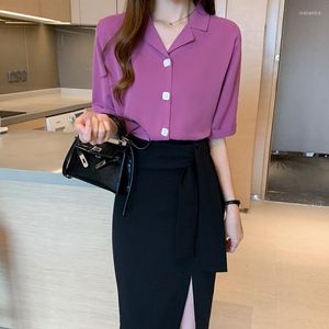 Kvinnors polos avslappnad lös vintage mjuk skjorta koreanska kontor lady blusar kvinnor kort ärm kvinnlig avviker krage ol sweet