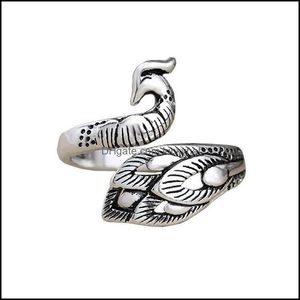 Кластерные кольца винтажный черный цвет цвет павлин Peacock Phoenix Bird Ring для женщин Регулируемый размер сплав бохо в стиле женский ювелир