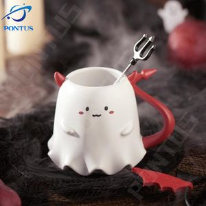 Kubki Halloween Devil Mub Cute Demon Elf Ghost Ceramic Cup with Spoon Home Office Coffee Herbata S Prezent 230113