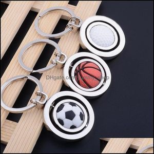 Keychains Lanyards 3D Sports Rotating Football Keychain Basketball Keyring Souvenirs Golf Pendant Key Rings Metal Chain Gifts Hip Otnxd