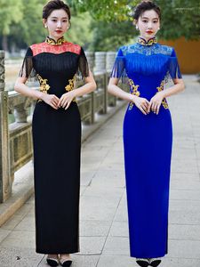 Etnisk kläder retro Tassel Half Sleeve Long Style Qipao Rayon Mandarin Collar Runway Show Cheongsam Chinese Women Dress