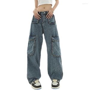 Herrbyxor Retro American High Street Multi-Pocket Elastic midjeverktyg Jeans Män Kvinnor Lossa All-Match Straight Wide-Ben Mopping