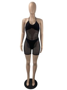 フィッシュネットロンパース女性サマーカレットボディーコンホルタージャンプスーツメッシュワンピース衣装ファッションスルースルースキニープレイスーツ9190