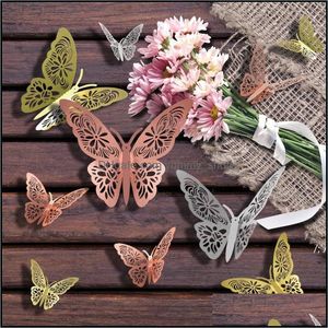 Party Decoration 3D Hollow Butterfly Wall Sticker Fjärilar Dekaler DIY Hemma avtagbart väggmålningsbrölloprumsfönster RRB14388 Drop Deli OT5XJ