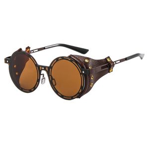 Óculos de sol de moda clássica marca designer redondo steampunk masculino feminino vintage punk couro envoltório gótico óculos de sol masculino óculos de proteção