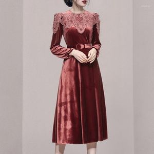 Casual Dresses E Girls Autumn 2023 Elegant spets Velvet Dress Women Temperament Office Party Long Sleeve Slim Vestidos