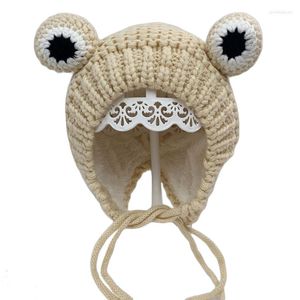 Berets Kids Baby Winter Chunky Cable Knitted Beanie Hat Cute Cartoon Frog Shaped Warm Plush Lined Outdoor Windproof Toddler