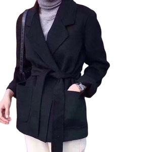 Women's Wool Blends Doublesided Cashmere Coat With Belt For Spring Winter Office Lady V Neck Loose Suit Cloak Turn Down Collar Brand 230112