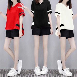 Two Piece Dress Casual Tracksuit Women Summer 2022 Fashion Two Piece Set Short Sleeve Tops and Black Wide Leg Shorts Sport Suit X160 T230113