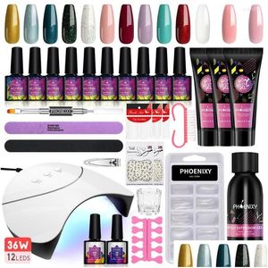 Nail Art Kits Set Poly Uv Gel Kit 9Pcs Extension Varnish Acrylic Polish Doubleend Brush Manicure Tool With Drying Lamp Drop Delivery Dhx1L