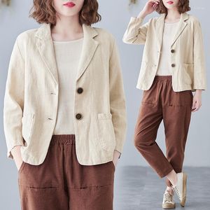 Women's Jackets Cotton Linen Women Blazers Summer 2023 Notched Solid Button Pocket Long-Sleeved Loose Casual Female Outwear Tops