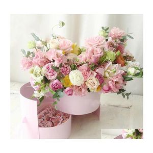 Confezione regalo Scatole di carta per fiori rotondi a doppio strato con nastro Sorpresa scatola di rose Disposizione di bouquet Cartone in stile europeo Drop Deli Dhfx8