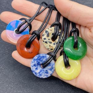 Pendant Necklaces 2pcs Natural Stone Agate Crystal Fashion Men's And Women's Round Ring Safety Buckle 25mm Charm Jewelry Necklace
