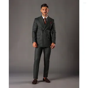 Men's Suits Dark Gray Jacket Sets Wedding For Men Double Breasted 2 Pieces Outfit Slim Custome Large Size Tuxedo Grooms Elegant Dress