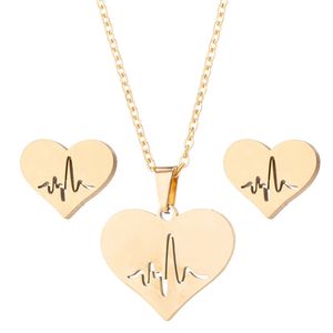 Stal nierdzewna miłość Naszyjnik serca Kolczyki Złote Heartbeat Stud Kolejki Zestawy biżuterii dla dziewcząt biżuteria ślubna 2783 E3