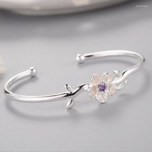 Bangle Vintage Silver Color Elegant Zircon Blossom Purple Cherry Flower Open Armband For Woman Presenttillbehör SB071
